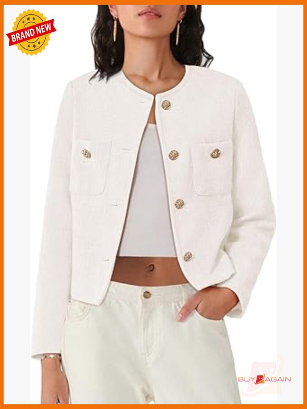 Tweed Blazer Long Sleeve Button Down Casual Cropped Jacket with Pockets